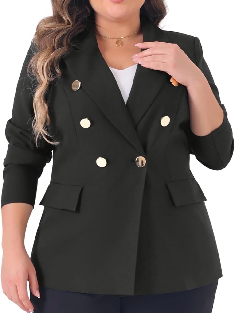 Plus-Size Black Double-Breasted Blazer with Gold Buttons